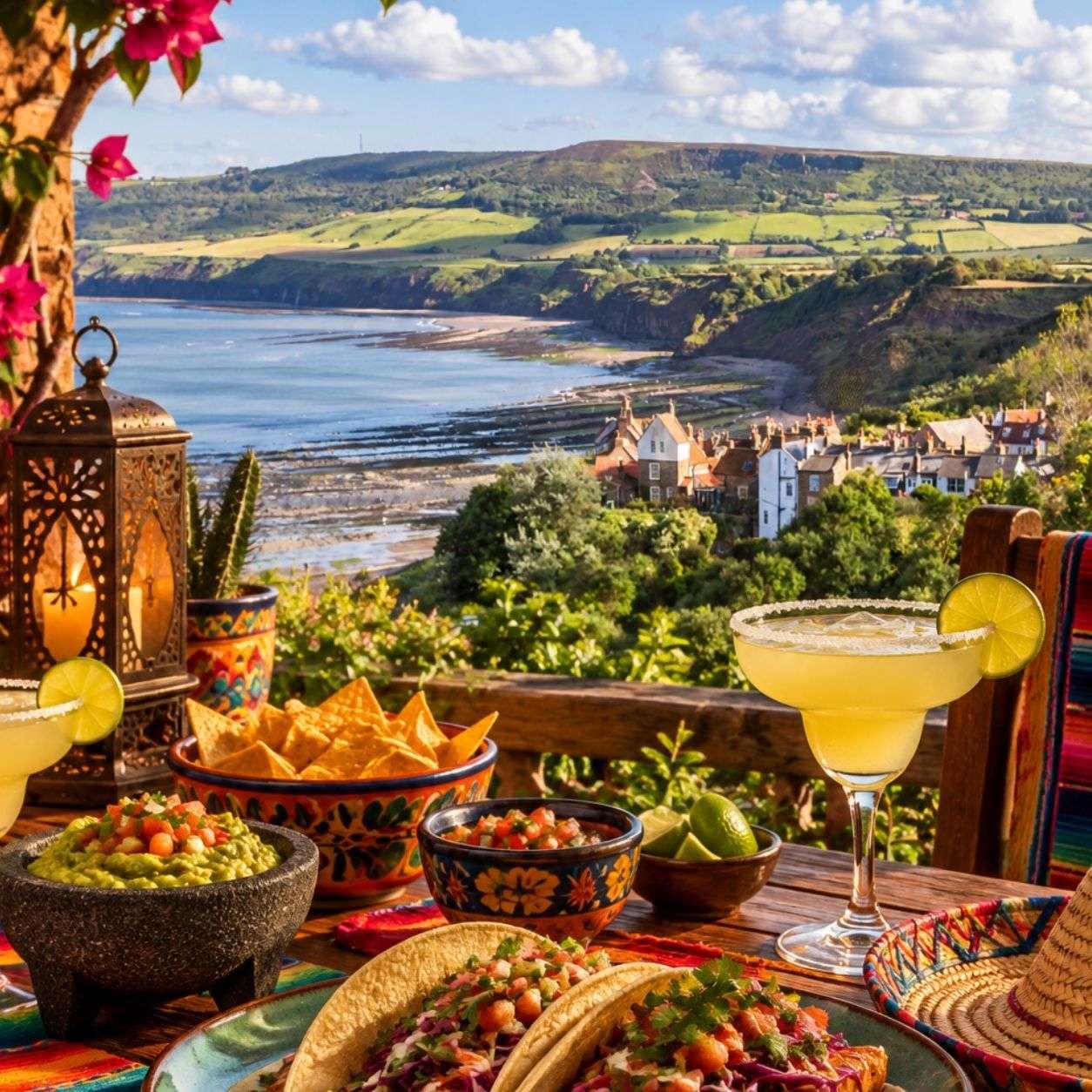 A table with Mexican food and margaritas overlooks a coastal village, green hills, and the sea under a blue sky with scattered clouds.